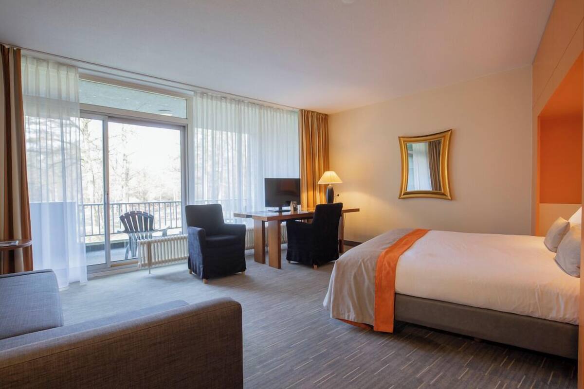A hotel room with a bed, a desk, a chair, a TV, and a balcony with a chair.