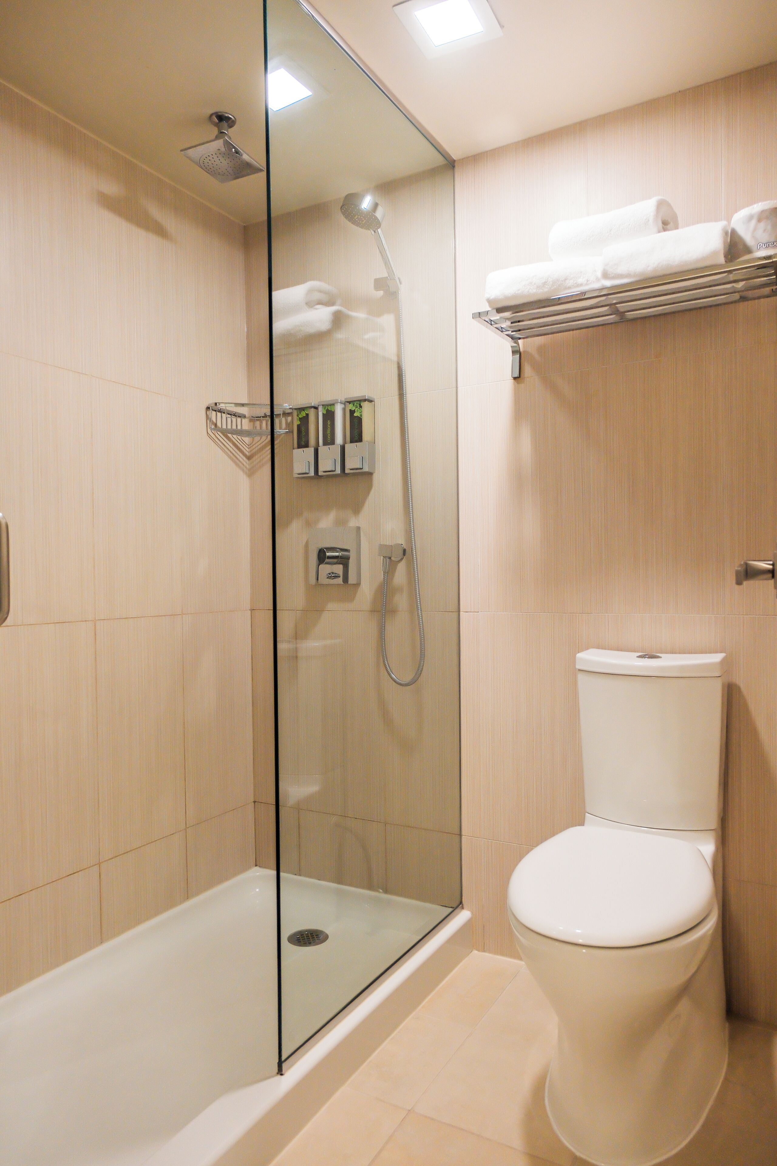 Ein modernes Badezimmer mit einer Duschkabine, einer weißen Toilette und einem Handtuchhalter.
