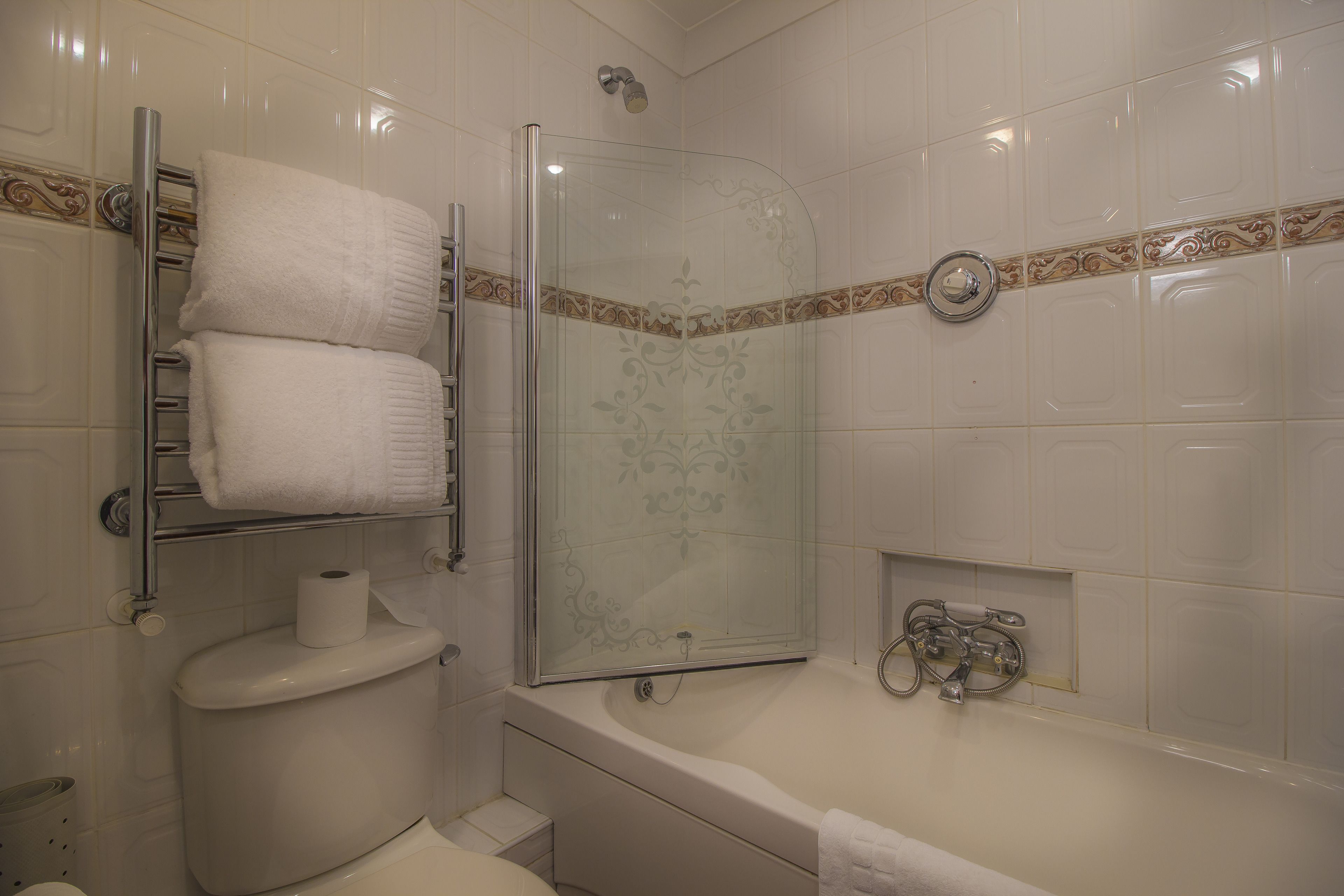 Un baño con ducha envuelta en cristal, inodoro con dispensador de toallas de papel y bañera con barra para toallas.