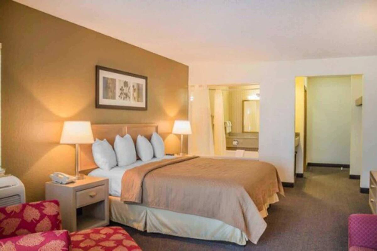 Une chambre d’hôtel avec un lit, des lampes de chevet, un téléphone, une chaise et un tableau encadré au mur.