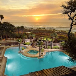 Relax by the serene pool surrounded by lush greenery and palm trees, with comfortable lounge chairs and ocean views.