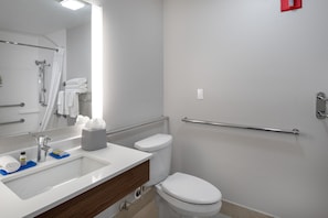 A bathroom with a white sink, mirror, and toilet. There are handrails on the walls and a towel rack. - Holiday Inn Express Arlington by IHG (Arlington)