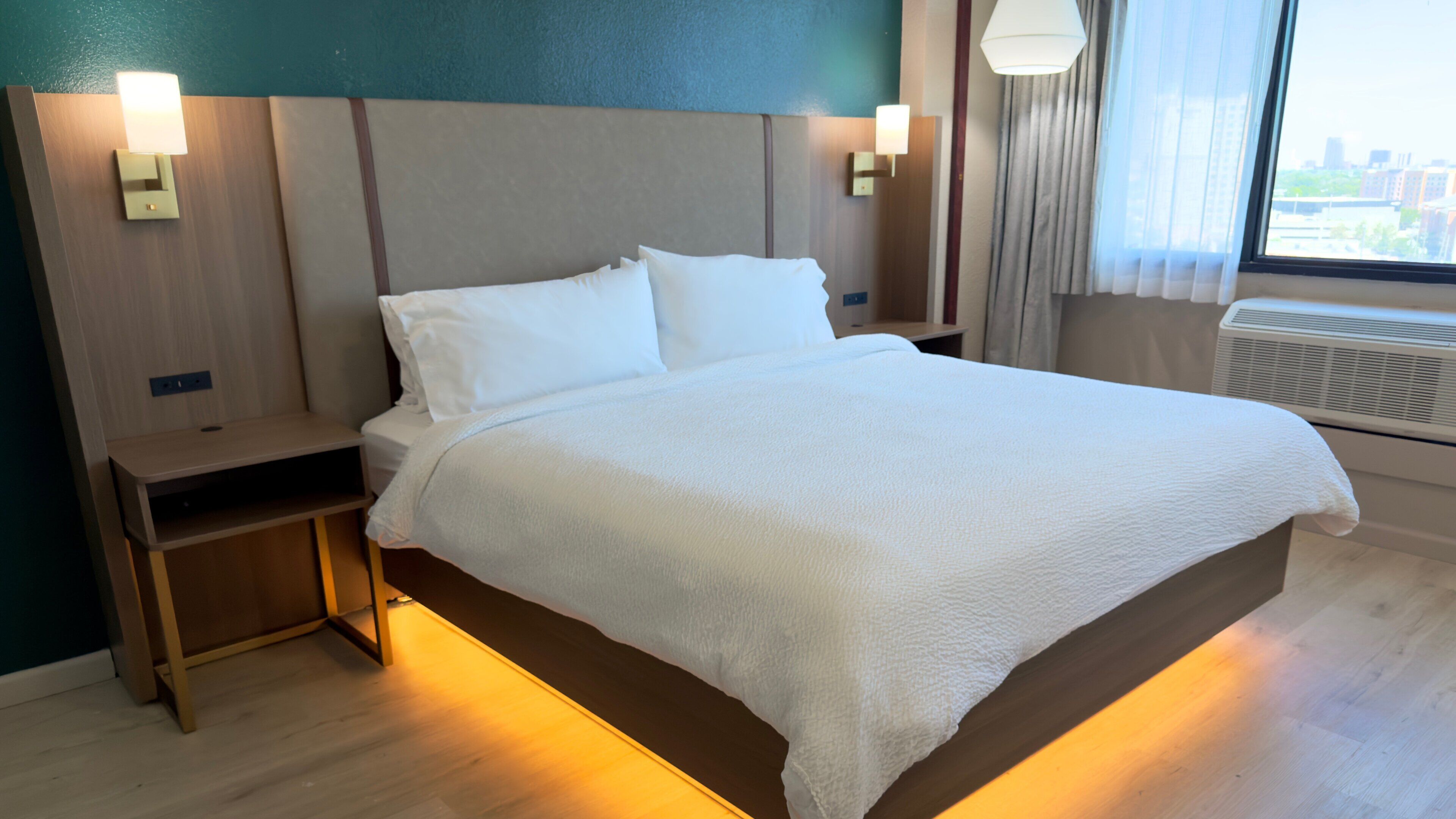 Desk, laptop workspace, blackout curtains, iron/ironing board