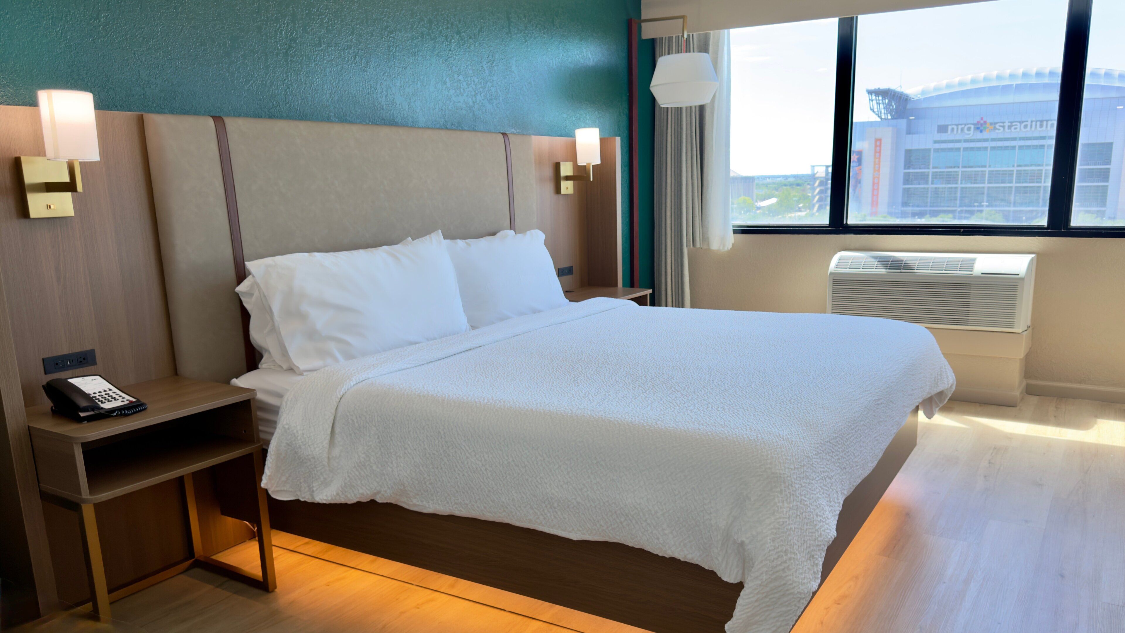 Desk, laptop workspace, blackout curtains, iron/ironing board