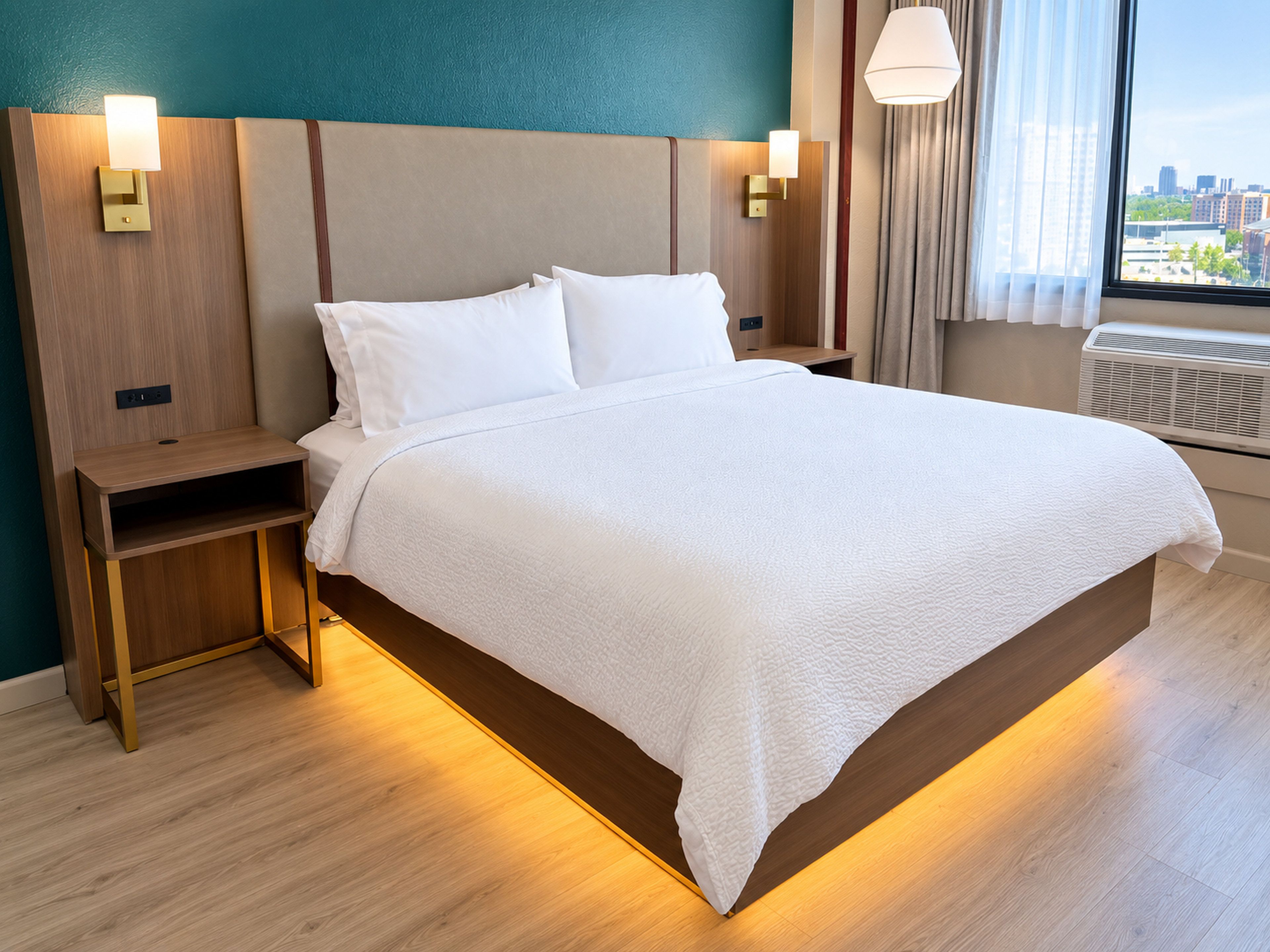 A hotel room with a large bed, bedside tables, and a view of the city through the window.