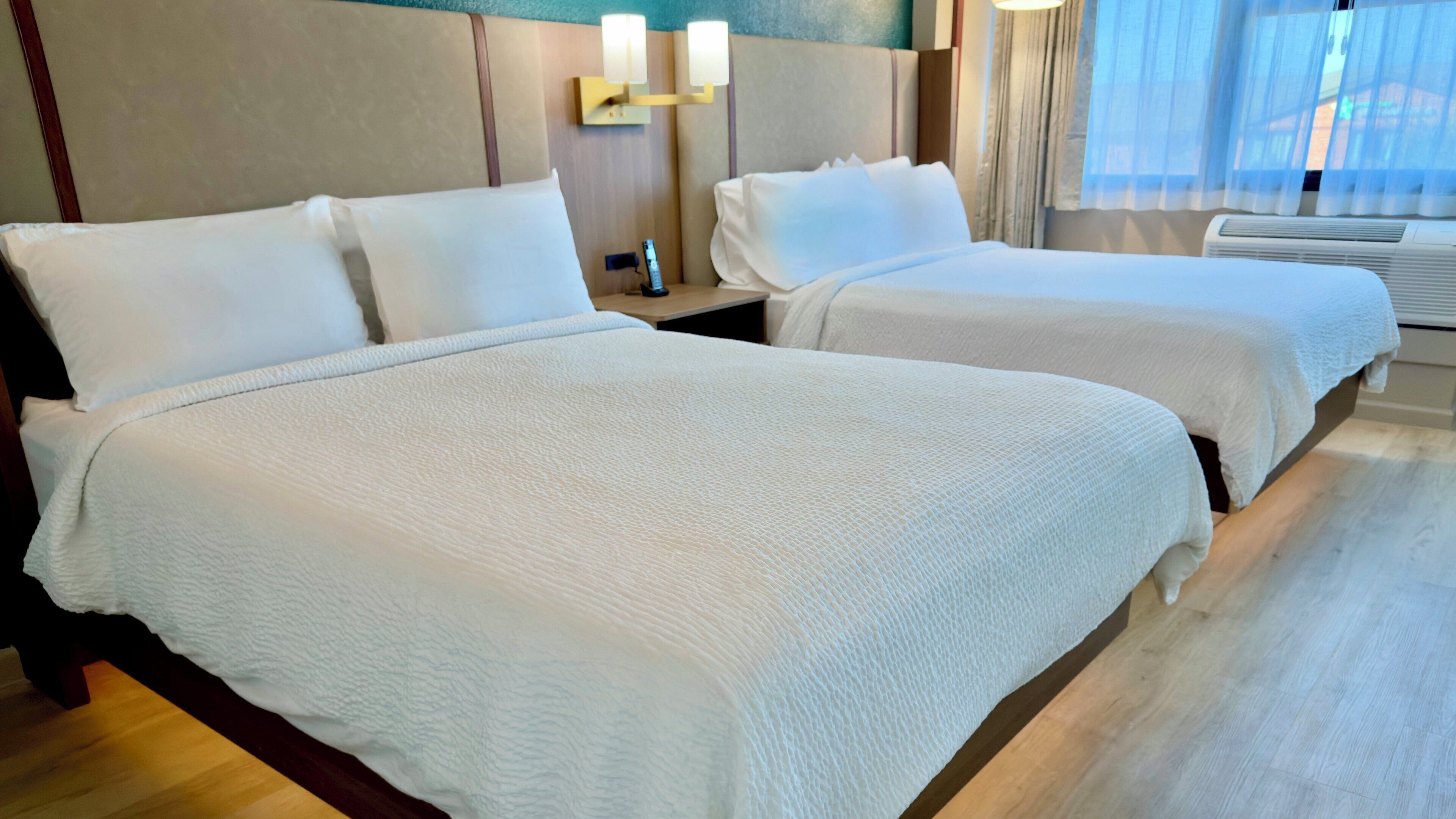 Desk, laptop workspace, blackout curtains, iron/ironing board