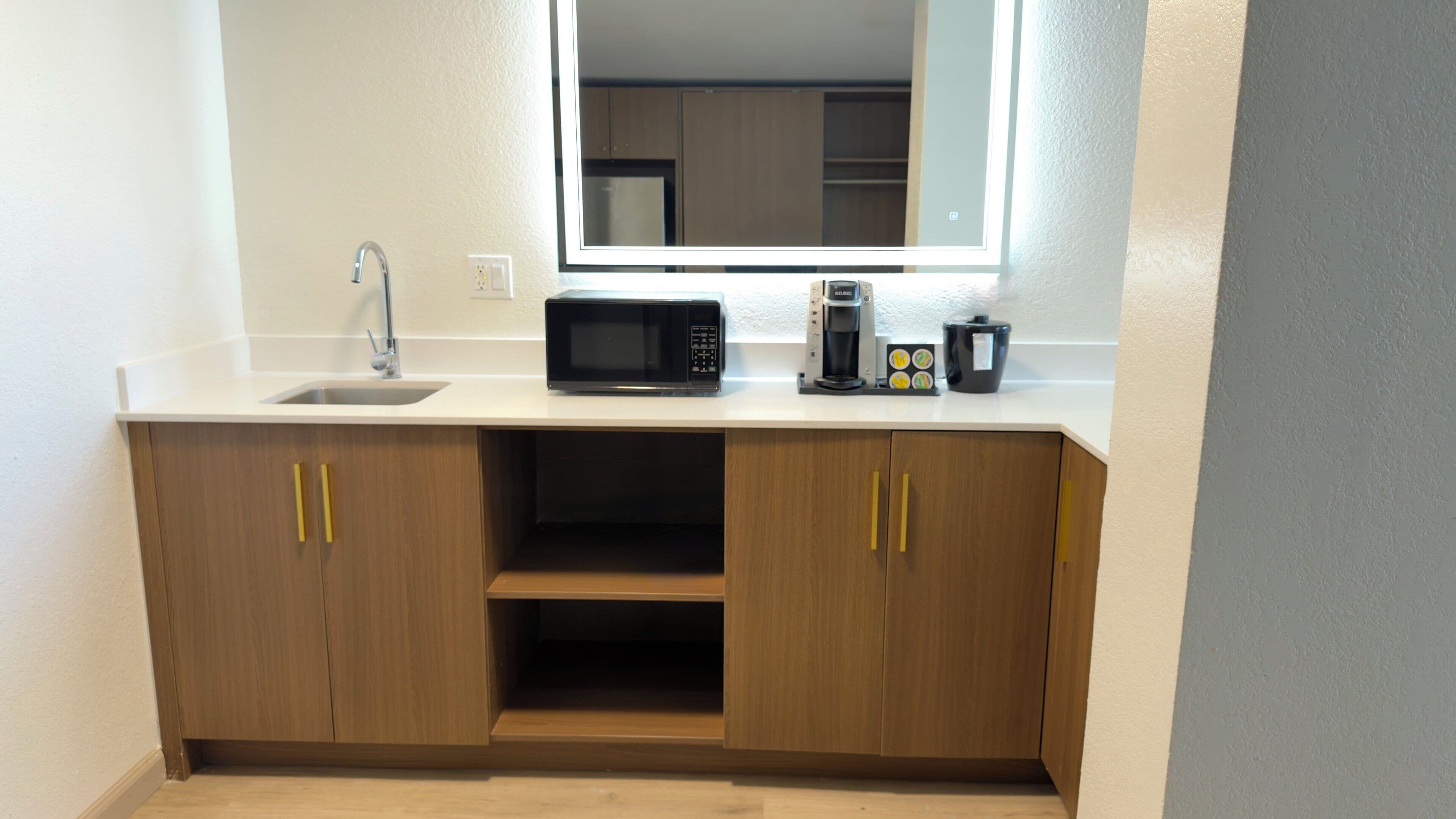 Desk, laptop workspace, blackout curtains, iron/ironing board