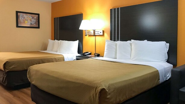 Quarto de hotel com duas camas, uma mesa de cabeceira com abajur e um quadro pendurado na parede.