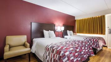 Desk, laptop workspace, blackout curtains, rollaway beds