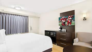 Una camera d'albergo con un letto grande, una scrivania con un forno a microonde, una TV a parete e un divano.
