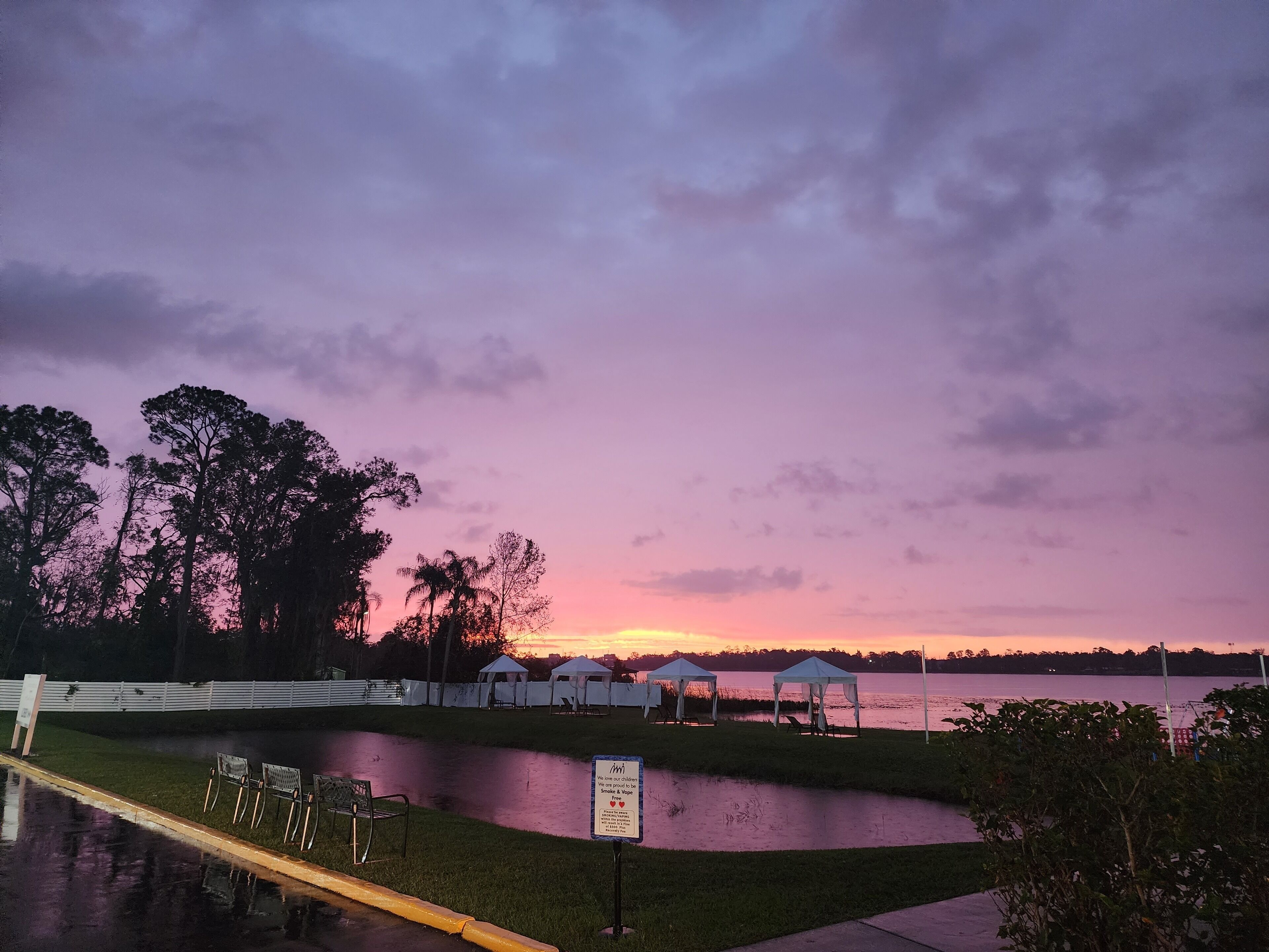 A lakeside view with a sunset, a grassy area, and white tents.