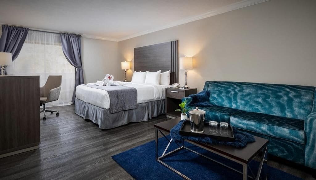 Una habitación de hotel con cama, escritorio, silla, sofá y mesa de centro.