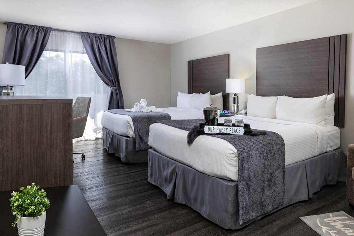 A hotel room with two beds, a desk, a chair, a lamp, and a small plant.