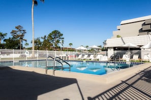 Outdoor pool, open 9:00 AM to 9:00 PM, sun loungers