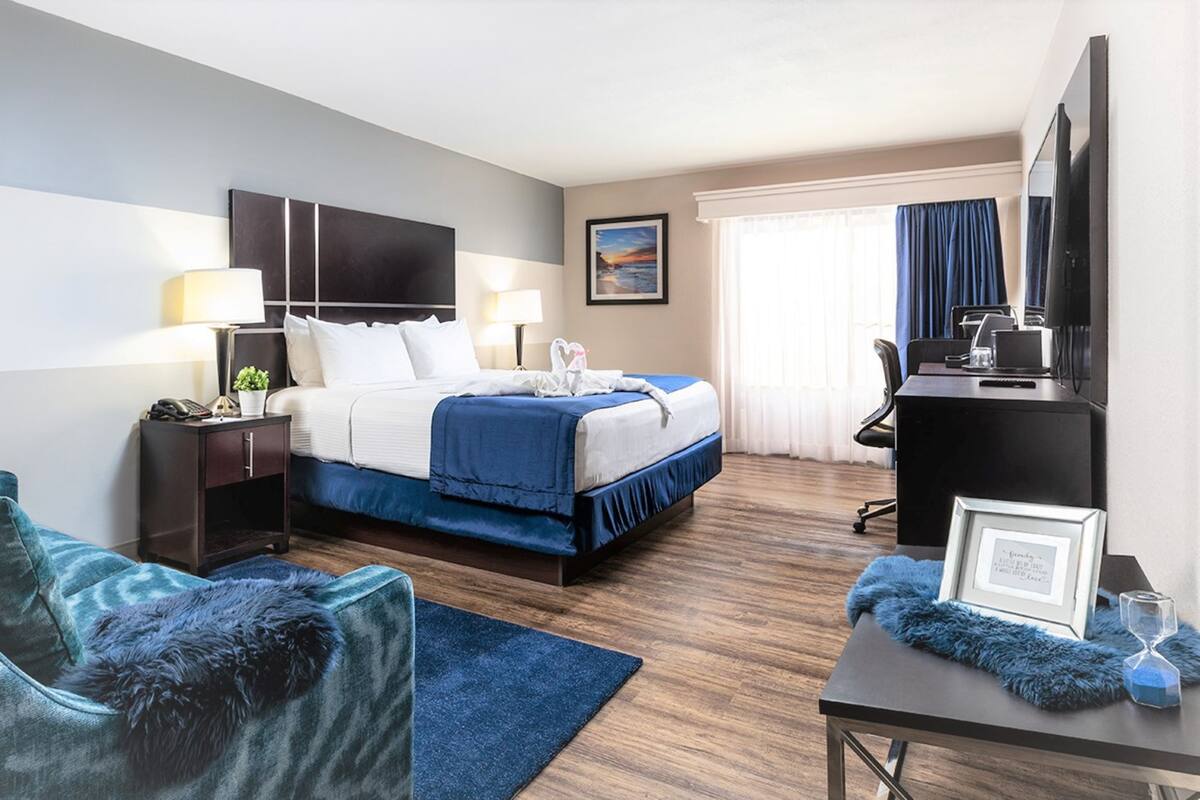 A hotel room with a bed, a desk, a chair, a TV, and a window with curtains.