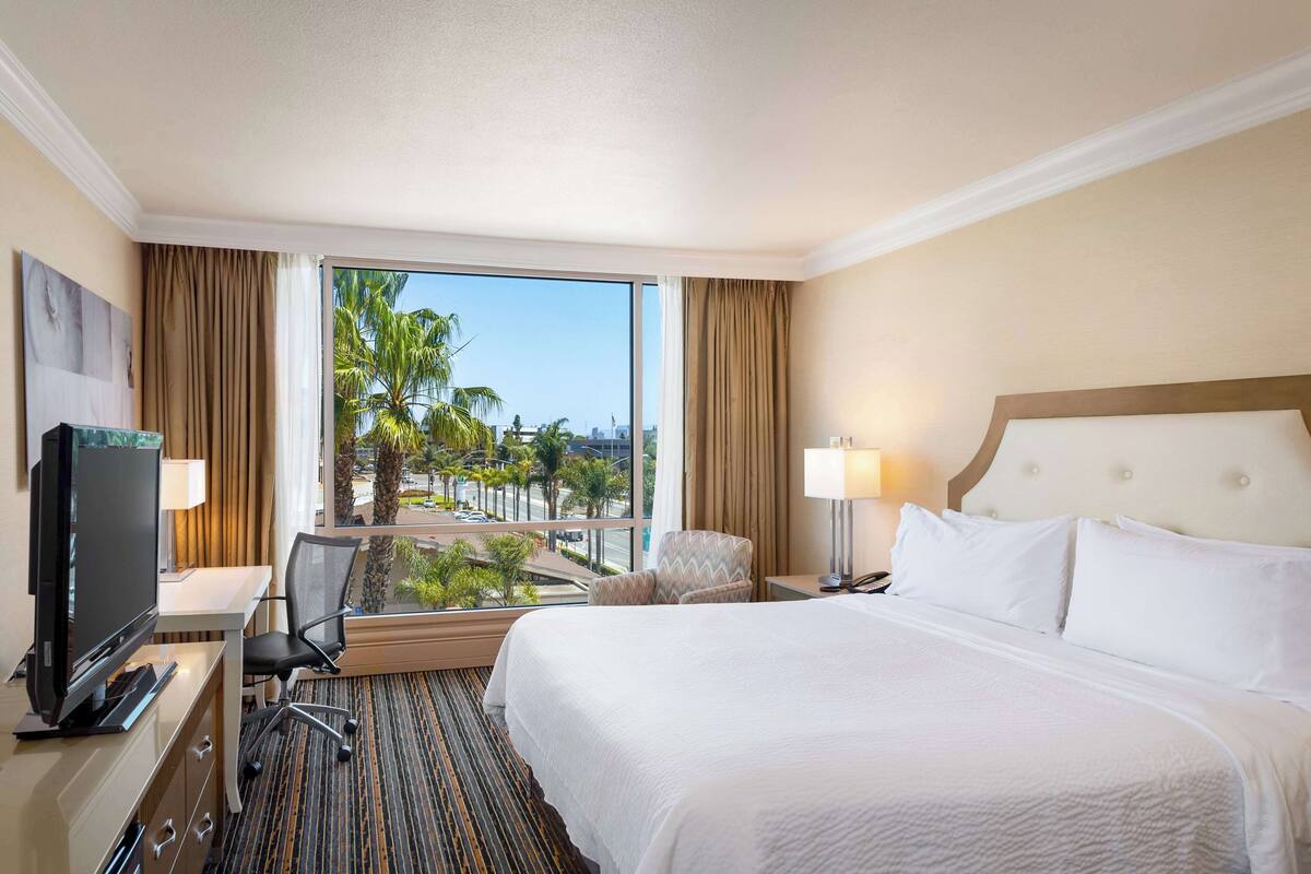 A hotel room with a large bed, a desk with a TV, a chair, and a view of palm trees through the window.