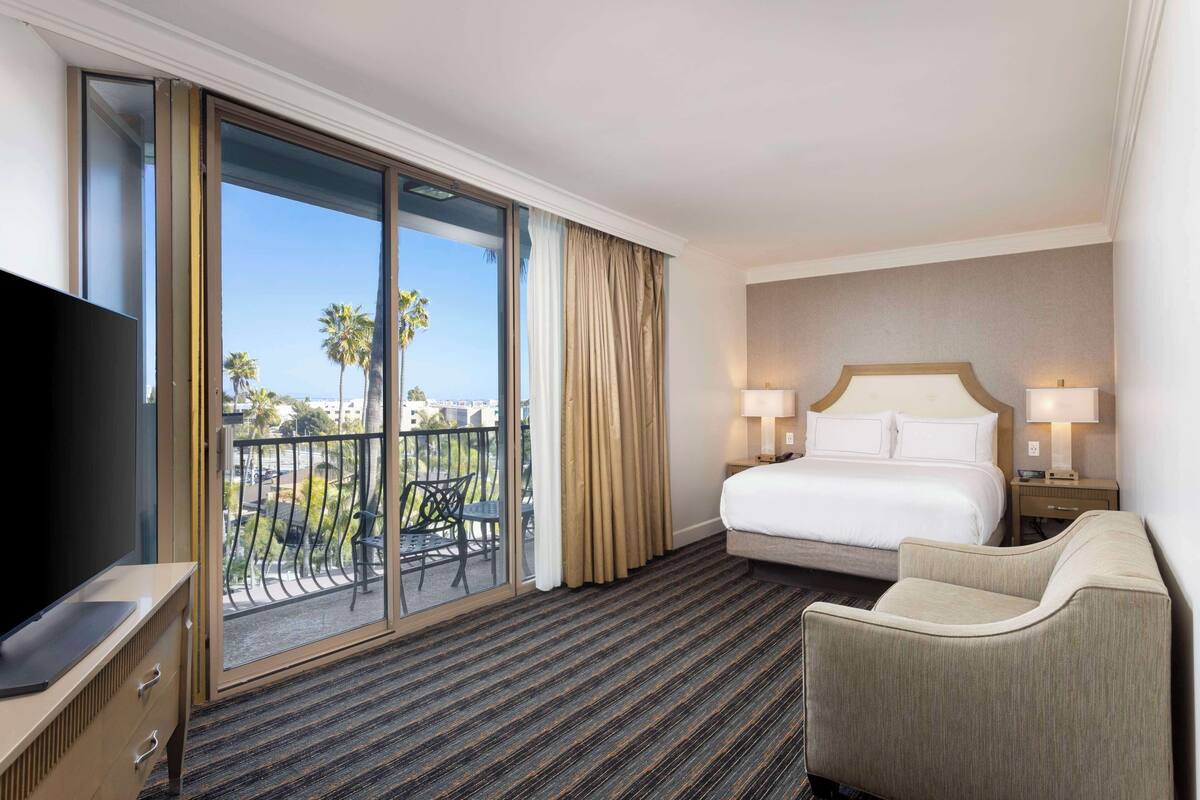 A hotel room with a bed, a TV, a chair, a balcony with a view of palm trees, and a carpeted floor.