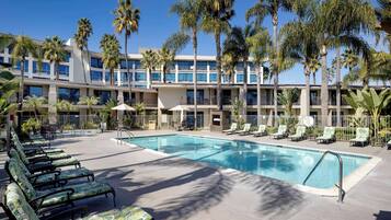 Outdoor pool, pool umbrellas, sun loungers