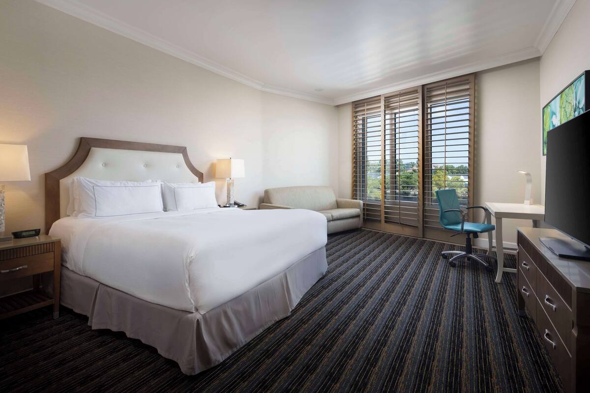 A hotel room with a large bed, a desk, a chair, and a TV.