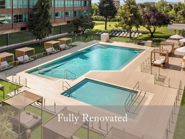 Seasonal outdoor pool, open 11 AM to 8:00 PM, pool loungers