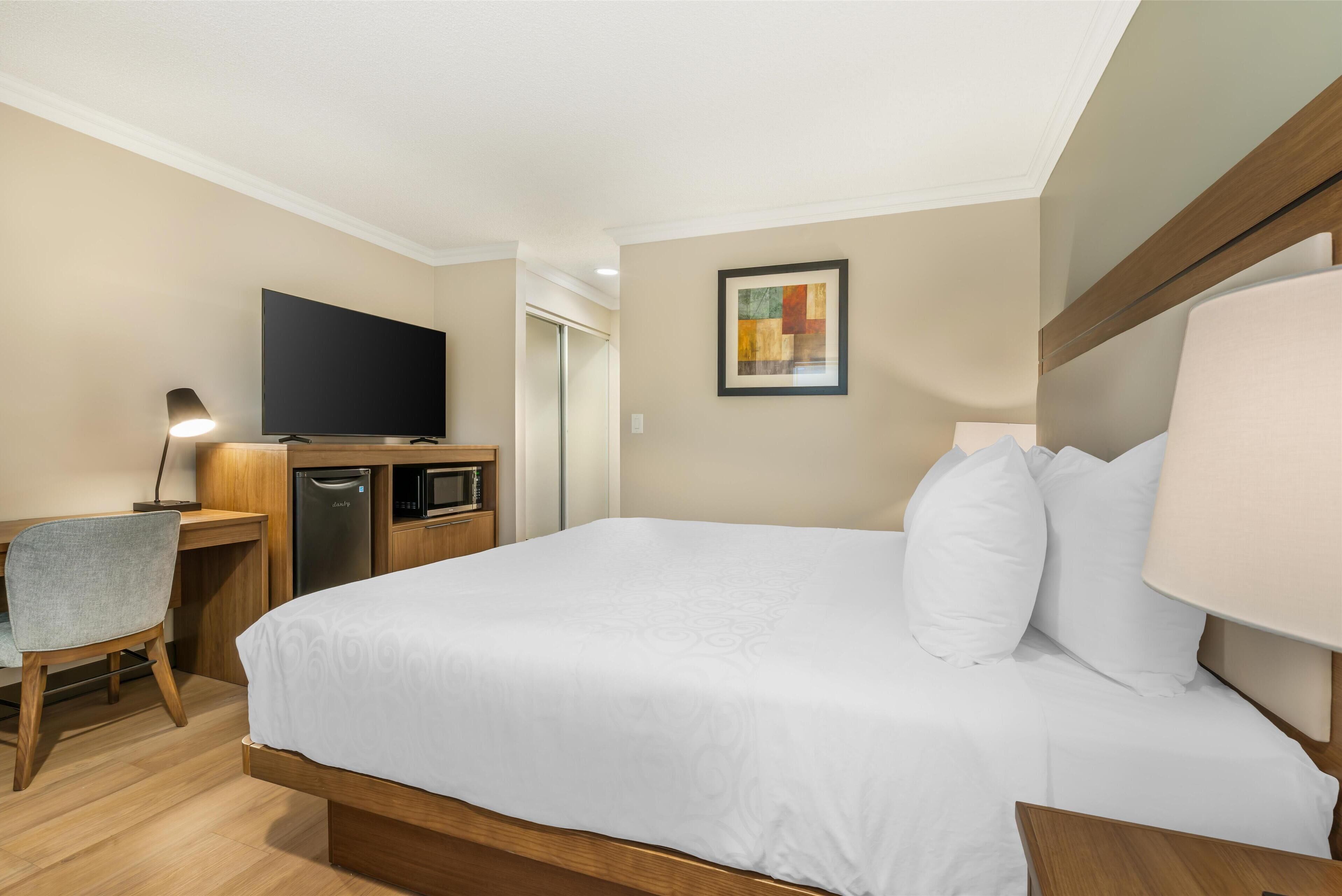 A hotel room with a bed, a desk with a flat-screen TV, a microwave, and a chair.
