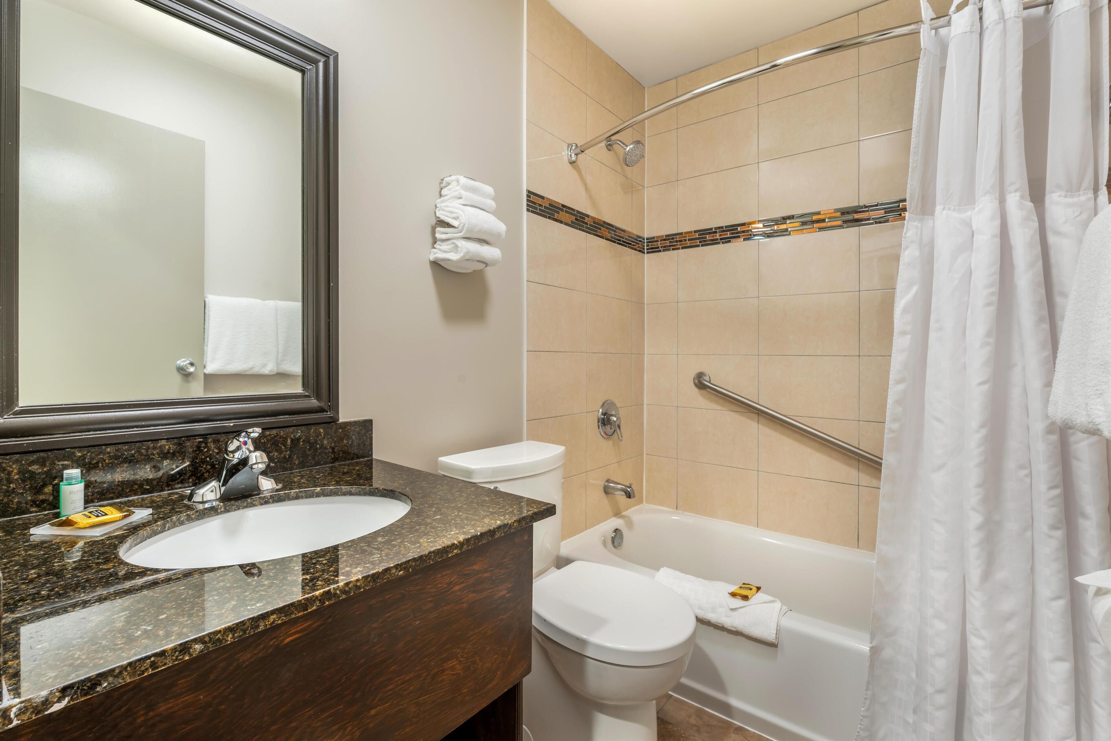 combined shower/bathtub, free toiletries, hair dryer, towels