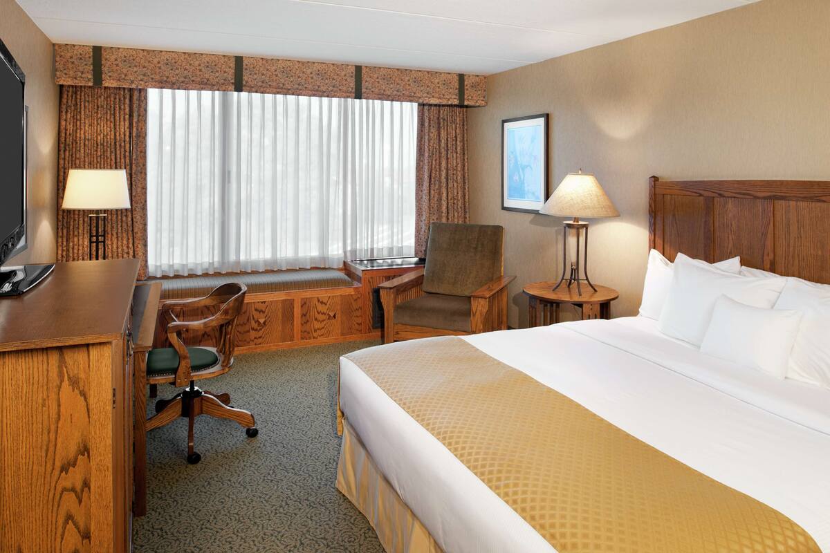A hotel room with a bed, desk, chair, and a television.
