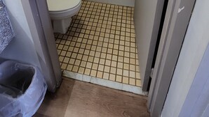 A bathroom with a shower, toilet, and a small trash bin. - Red Roof Inn Perry (Perry)