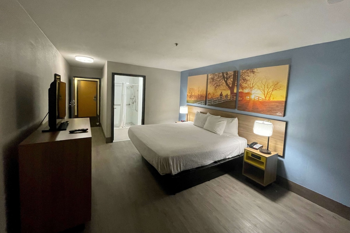 A hotel room with a bed, bedside lamp, and a painting on the wall.