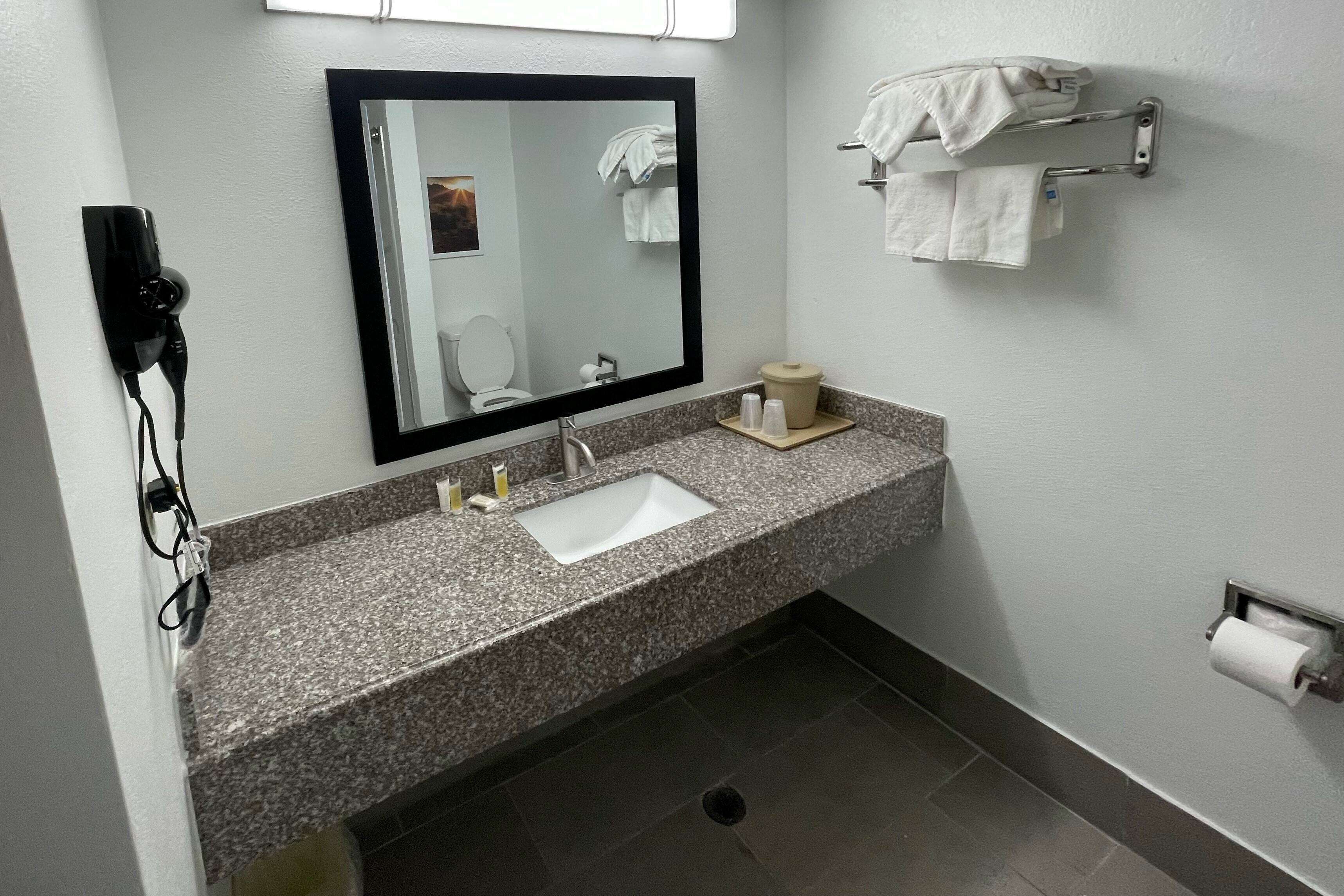 A bathroom with a granite countertop, a white sink, a mirror, a towel rack, a hair dryer, and a toilet paper holder.