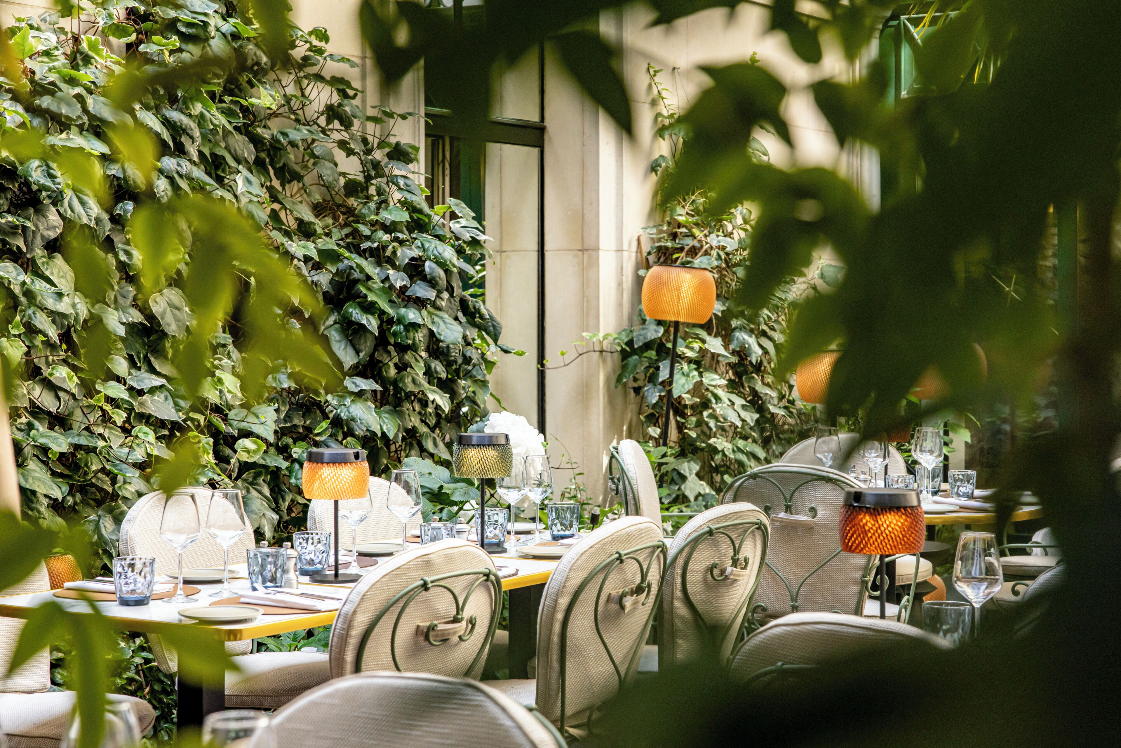 Un área de comedor al aire libre con mesas dispuestas para dos, rodeada de abundante vegetación y un edificio al fondo.