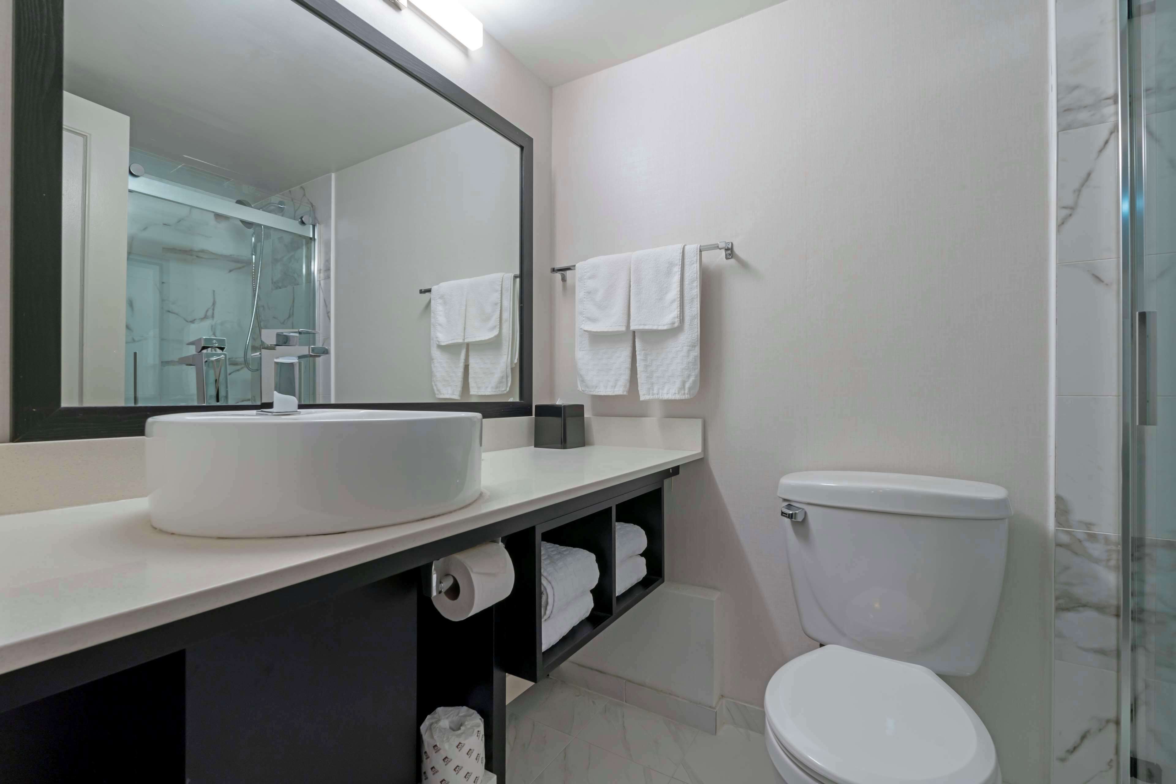 A modern bathroom with a large mirror, white sink, and a toilet.
