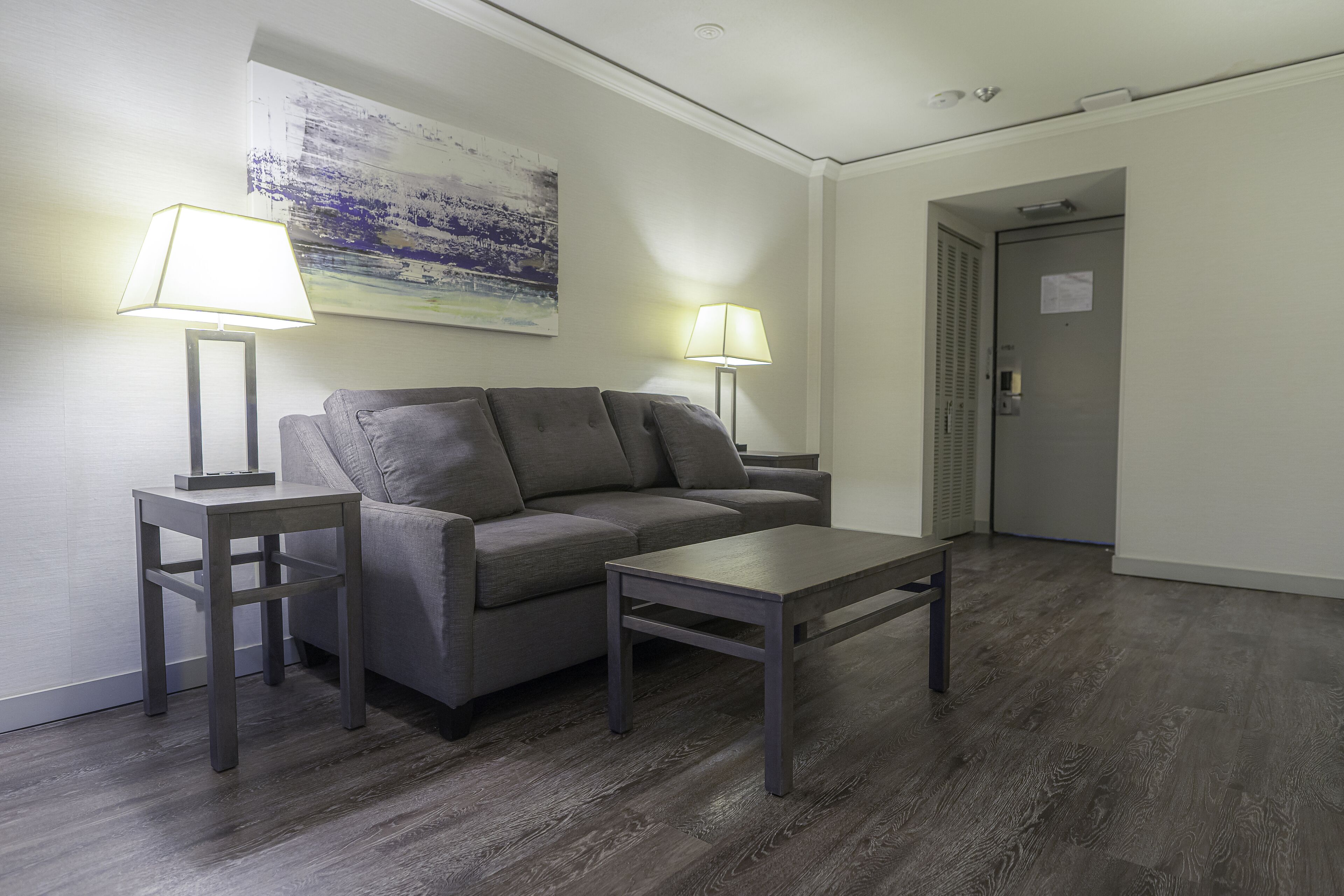 A modern living room with a grey sofa, two side tables with lamps, and a wooden coffee table.