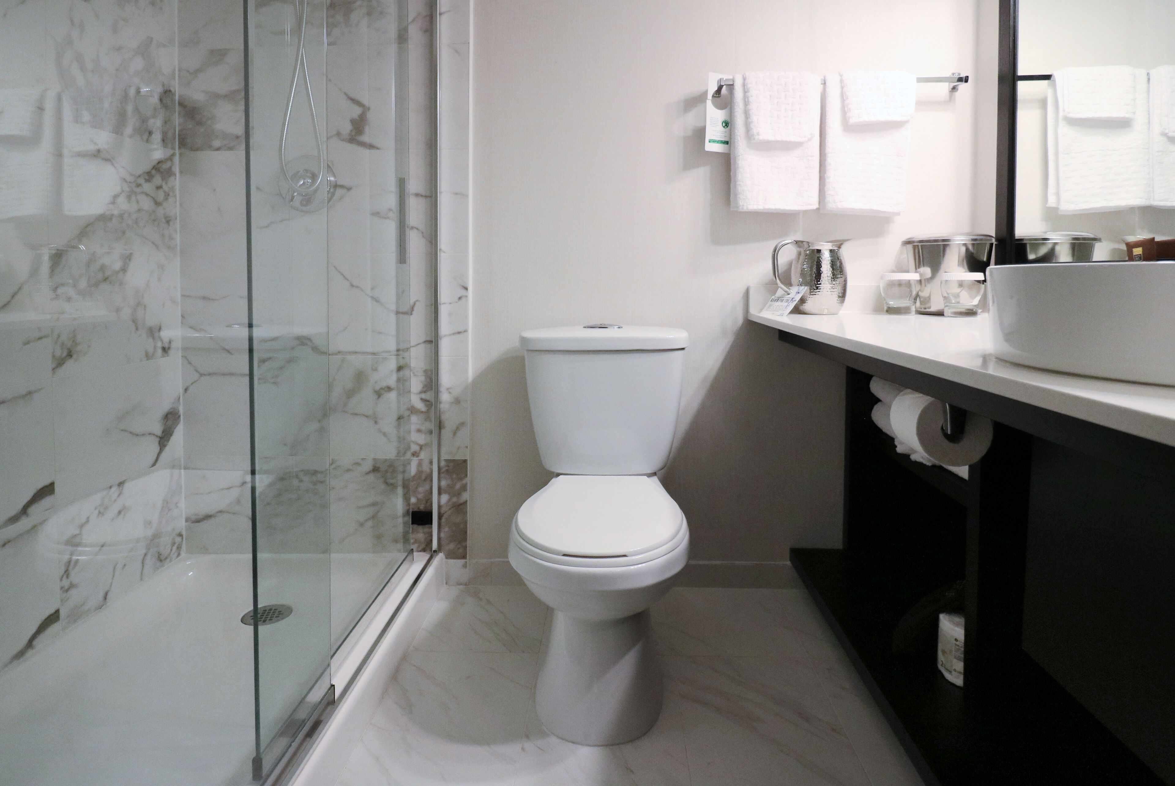 A modern bathroom with a toilet, a glass shower enclosure, and a vanity with a sink and mirror.