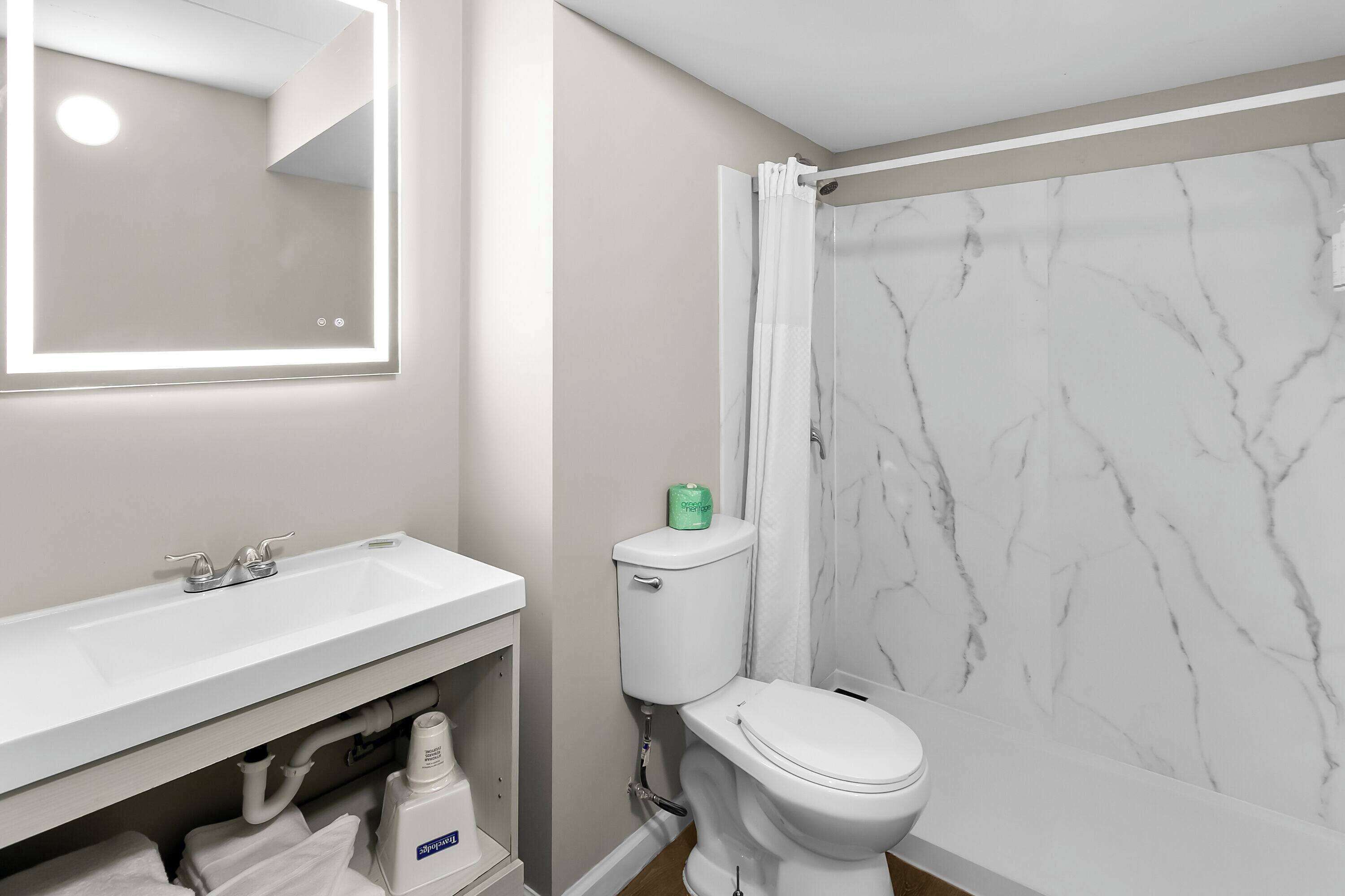 A bathroom with a white sink, mirror, toilet, and marble shower wall.
