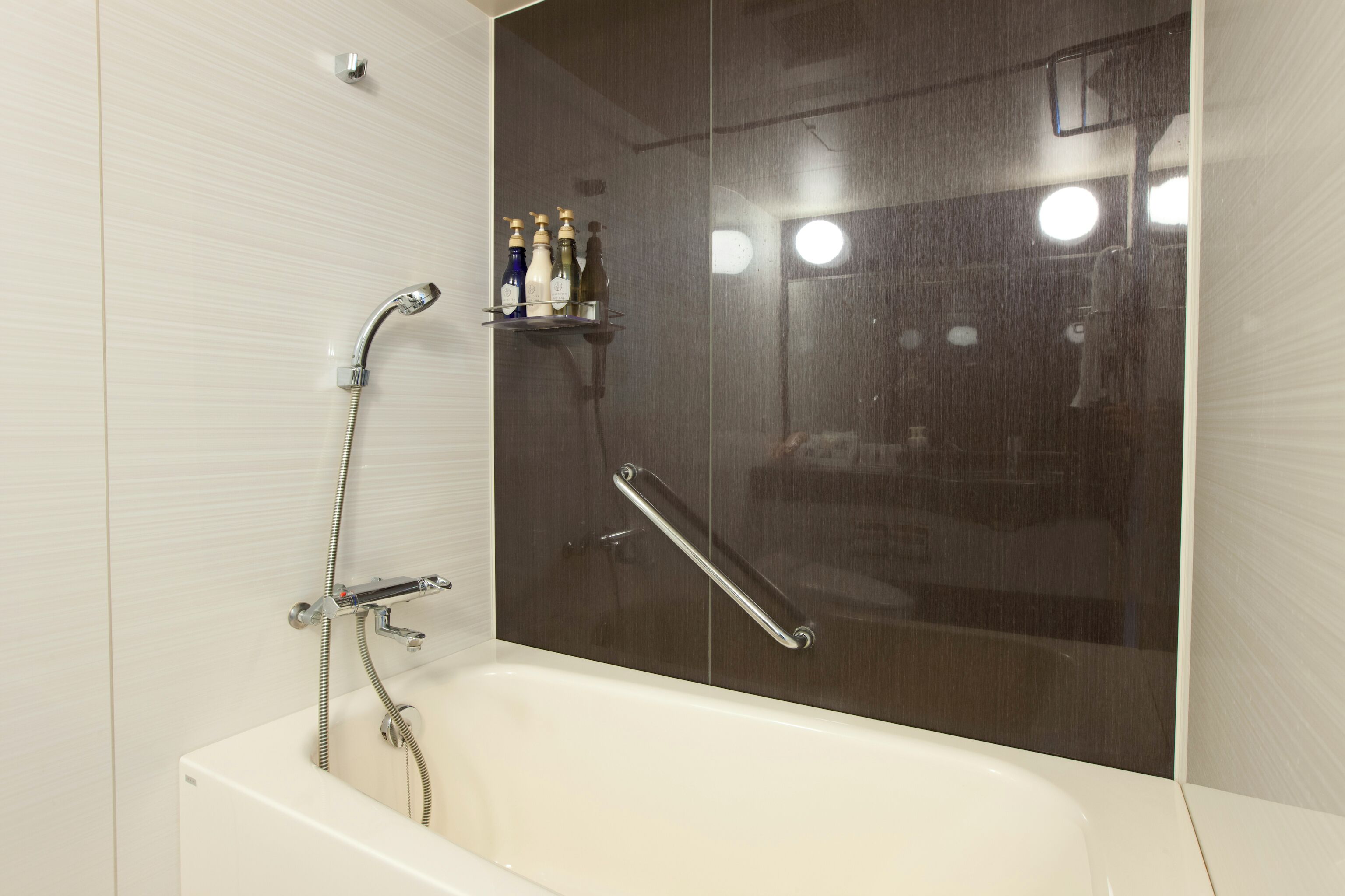 combined shower/bathtub, free toiletries, hair dryer, slippers