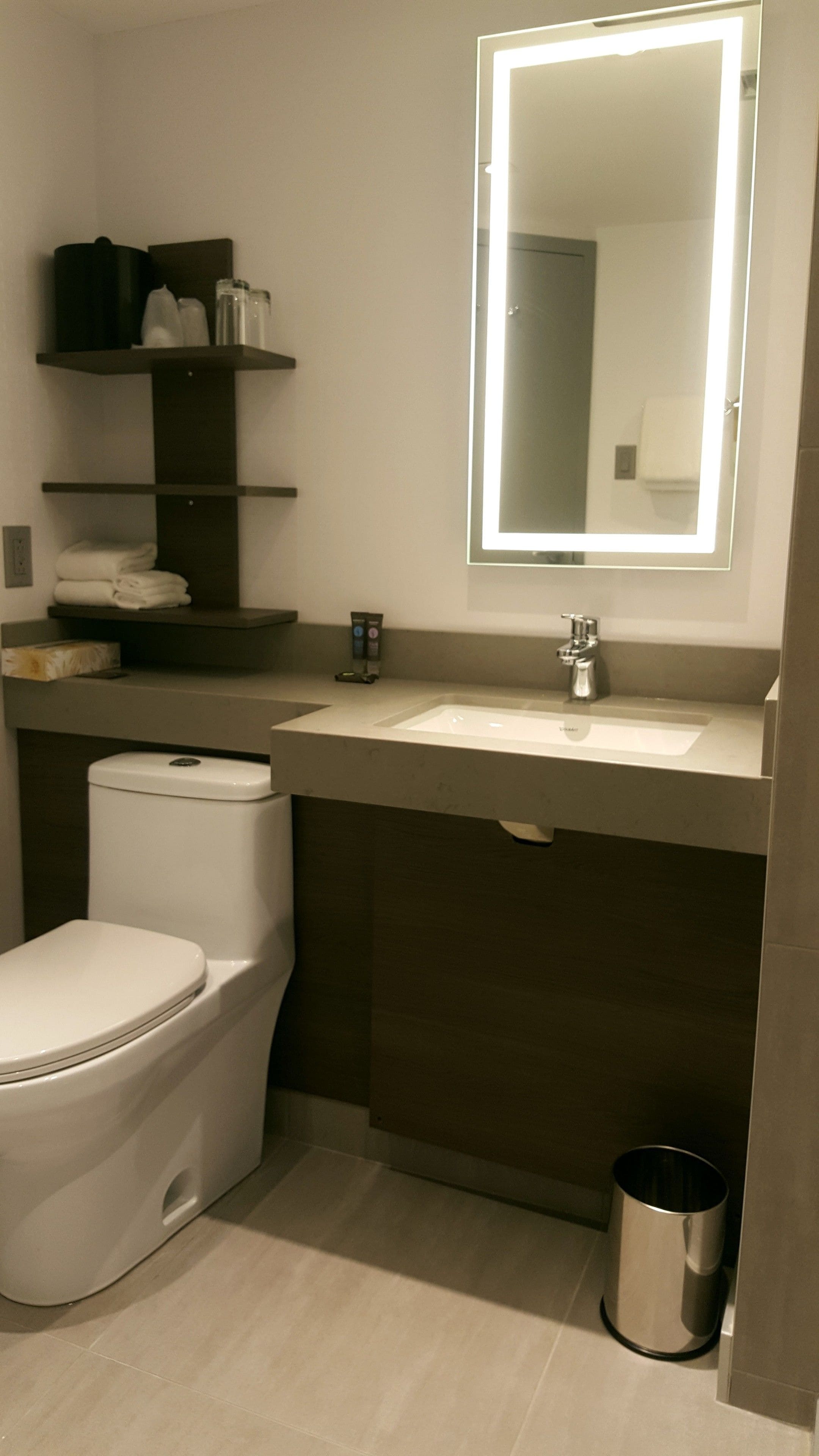 A modern bathroom with a toilet, sink, and mirror.