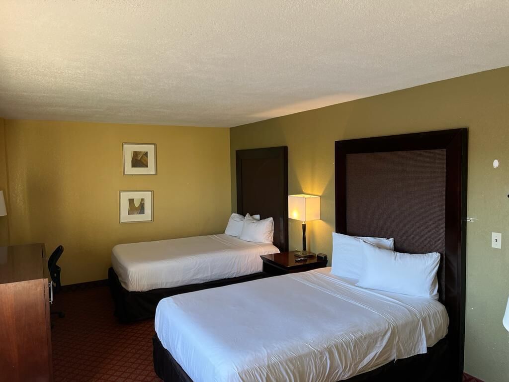 A hotel room with two single beds, a desk, and a chair.