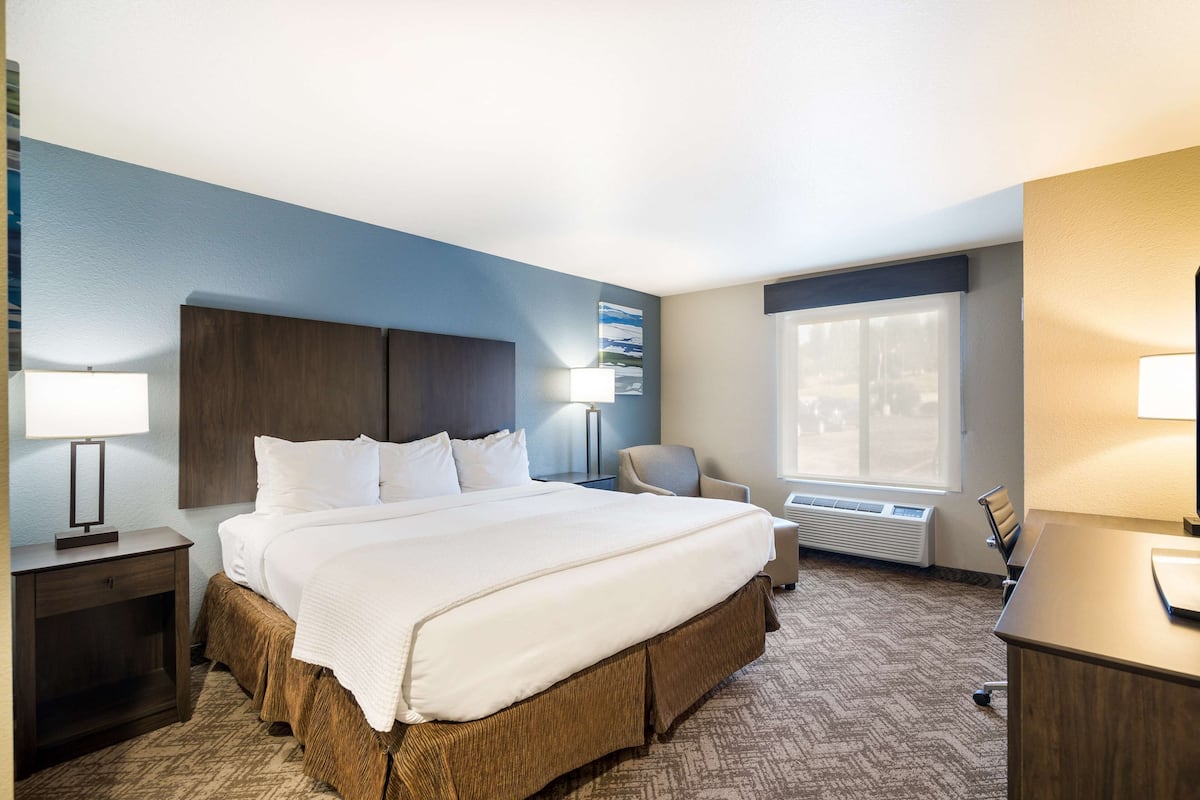 Une chambre d’hôtel avec un grand lit, un bureau, une chaise, une fenêtre et un climatiseur fixé au mur.