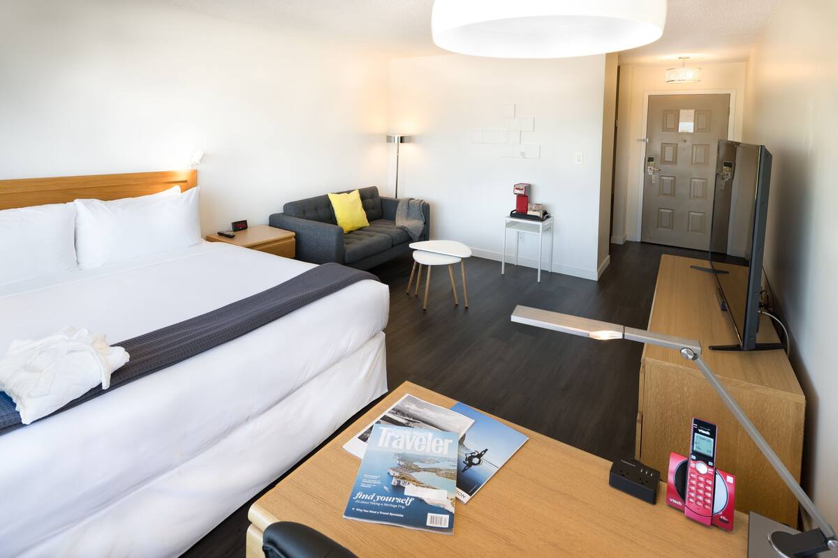 Habitación de hotel con una cama, un sofá, un escritorio con una revista, un teléfono y un televisor.