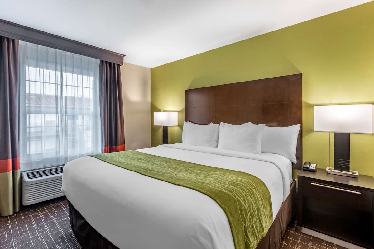 Habitación de hotel con una cama grande, dos lámparas de noche, una mesita de noche y una ventana con cortinas.