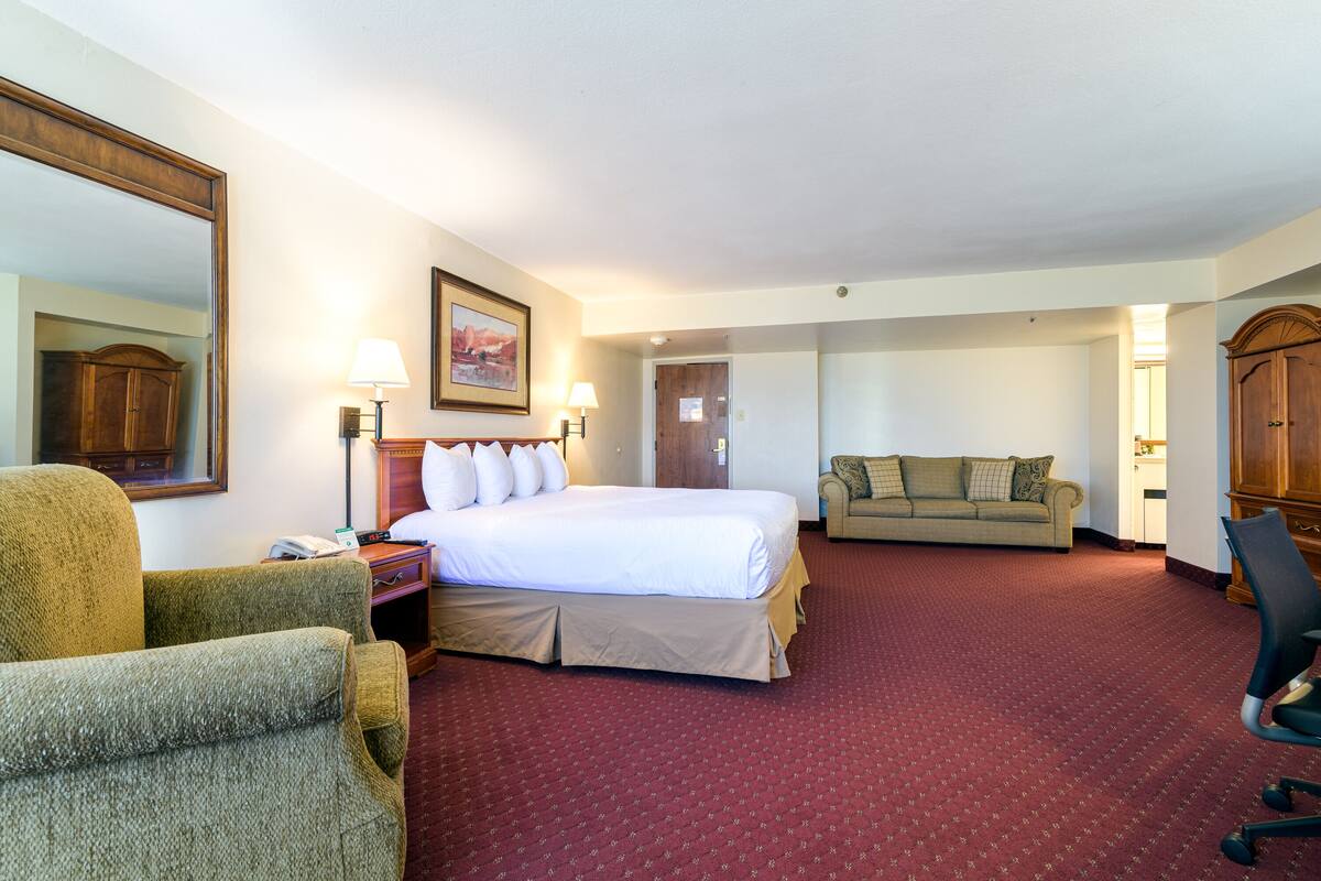 A hotel room with a large bed, a sofa, a chair, and a desk.