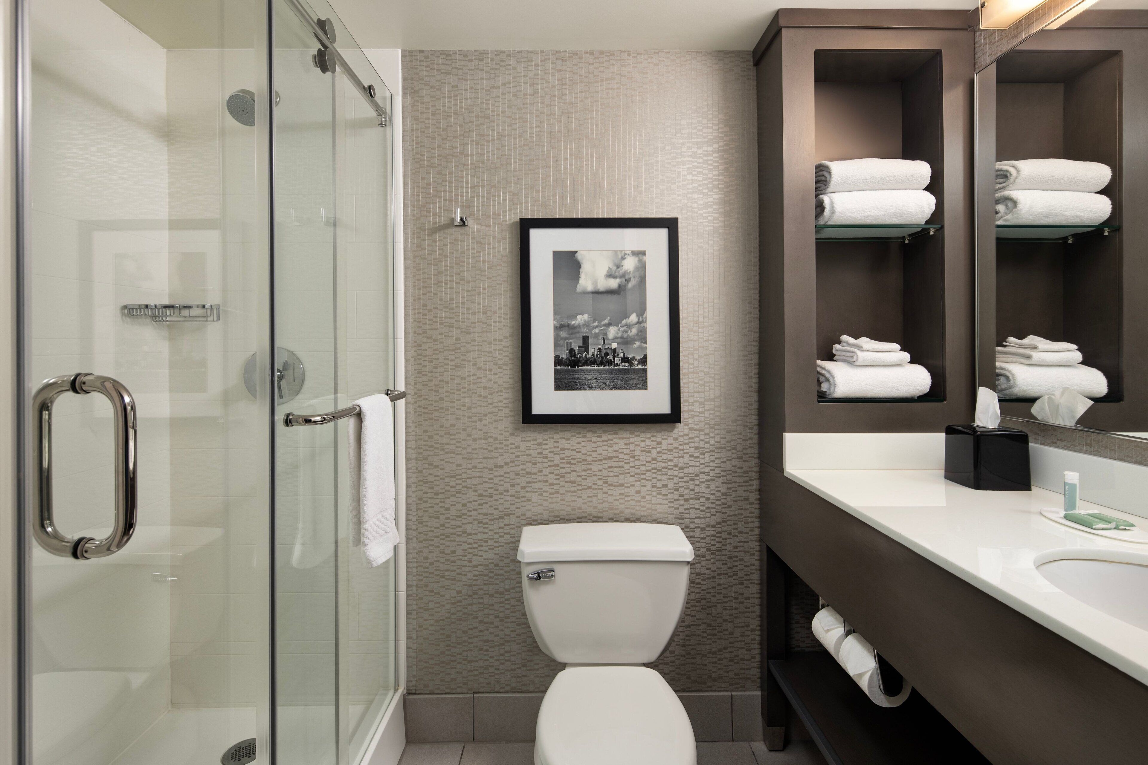 Een moderne badkamer met een glazen douchecabine, een wit toilet, een stadsgezicht in een lijst en een wastafel met spiegel en handdoekhouder.