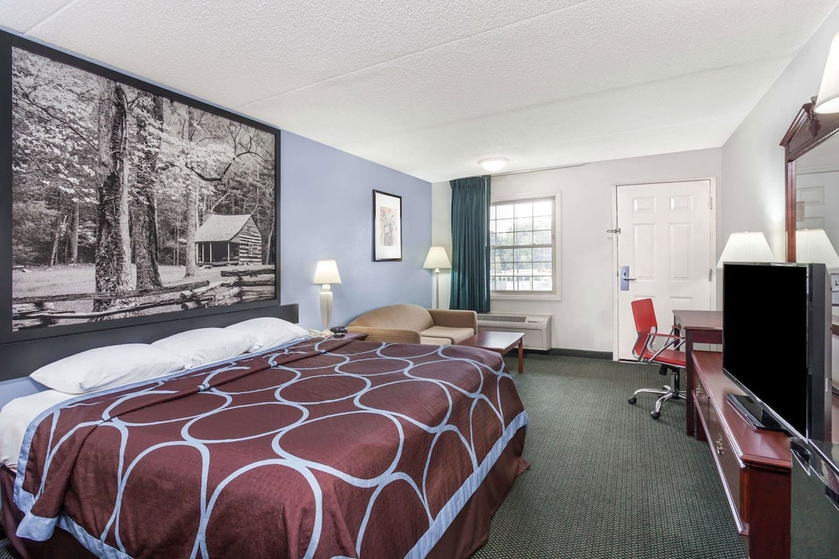 A hotel room with a bed, a desk, a chair, a television, and a large framed picture on the wall.