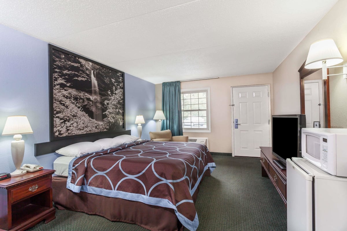 A hotel room with a large bed, a television, a microwave, and a dresser.