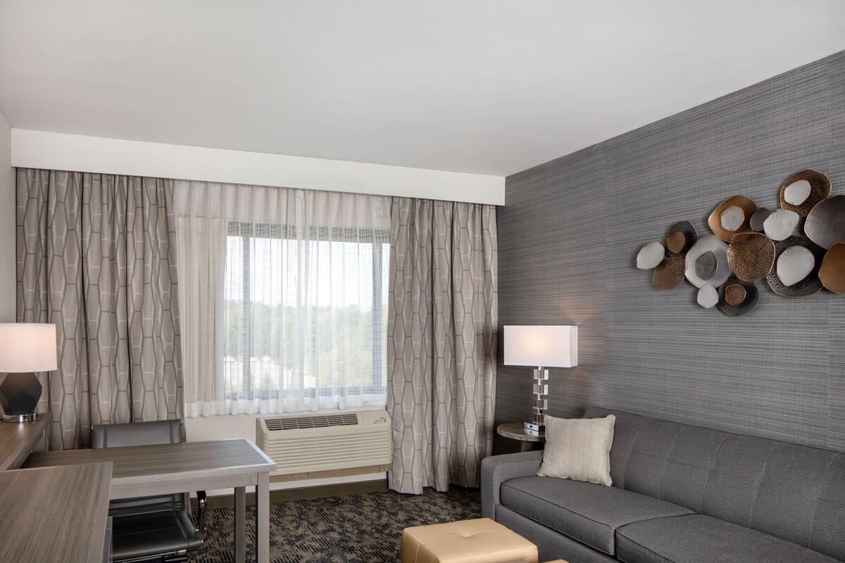 Une chambre d’hôtel moderne avec un canapé gris, une petite table et un élément décoratif mural.