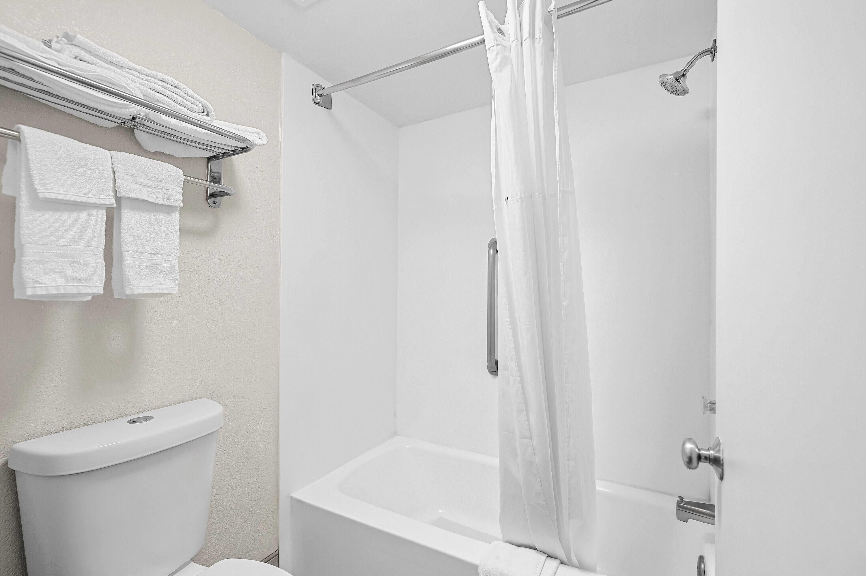 A bathroom with a toilet, a bathtub, and a shower curtain.