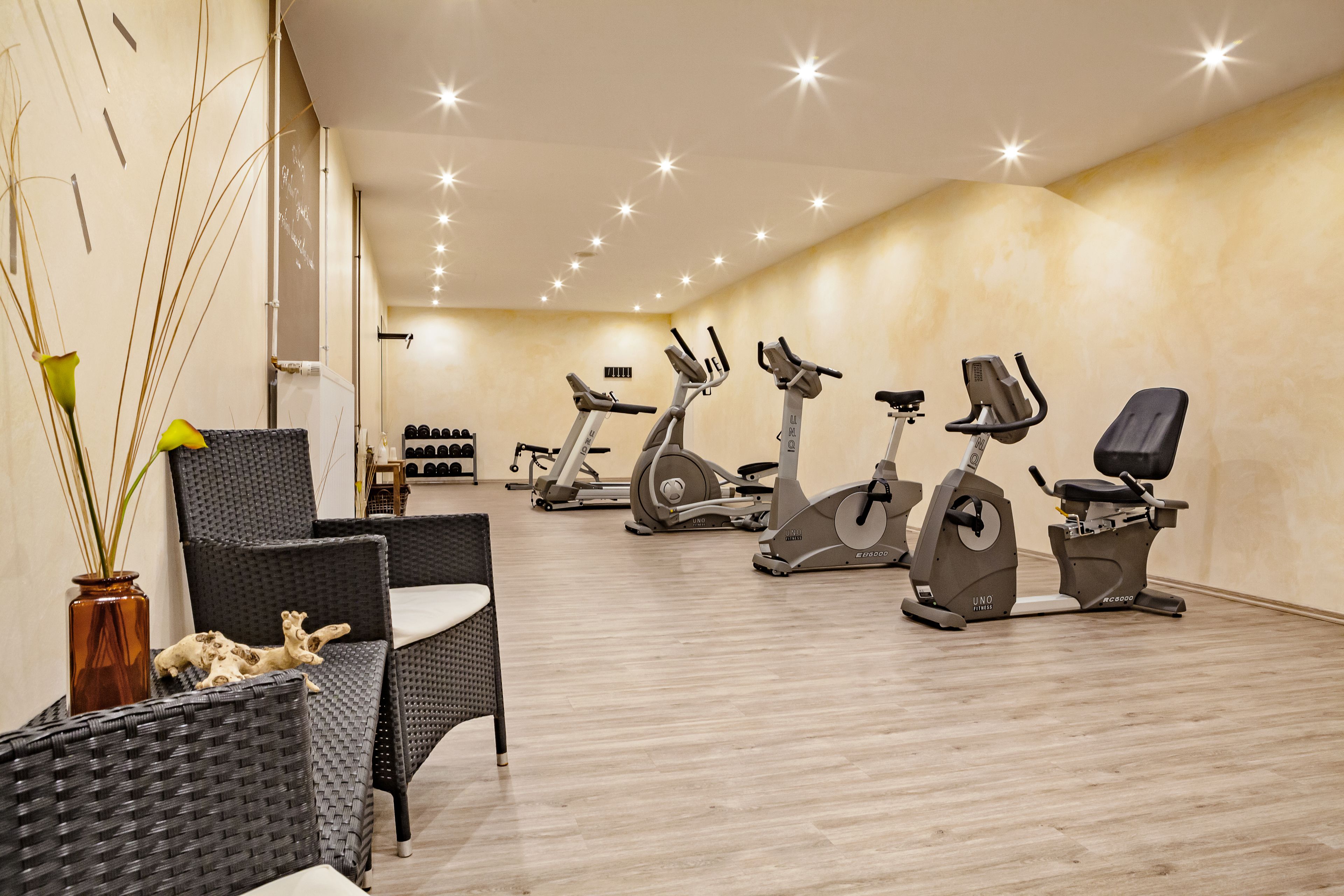 A gym with exercise equipment, wicker chairs, and a decorative vase.