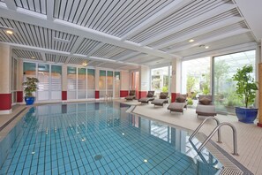 Indoor pool, open 7:00 AM to 9:00 PM, sun loungers