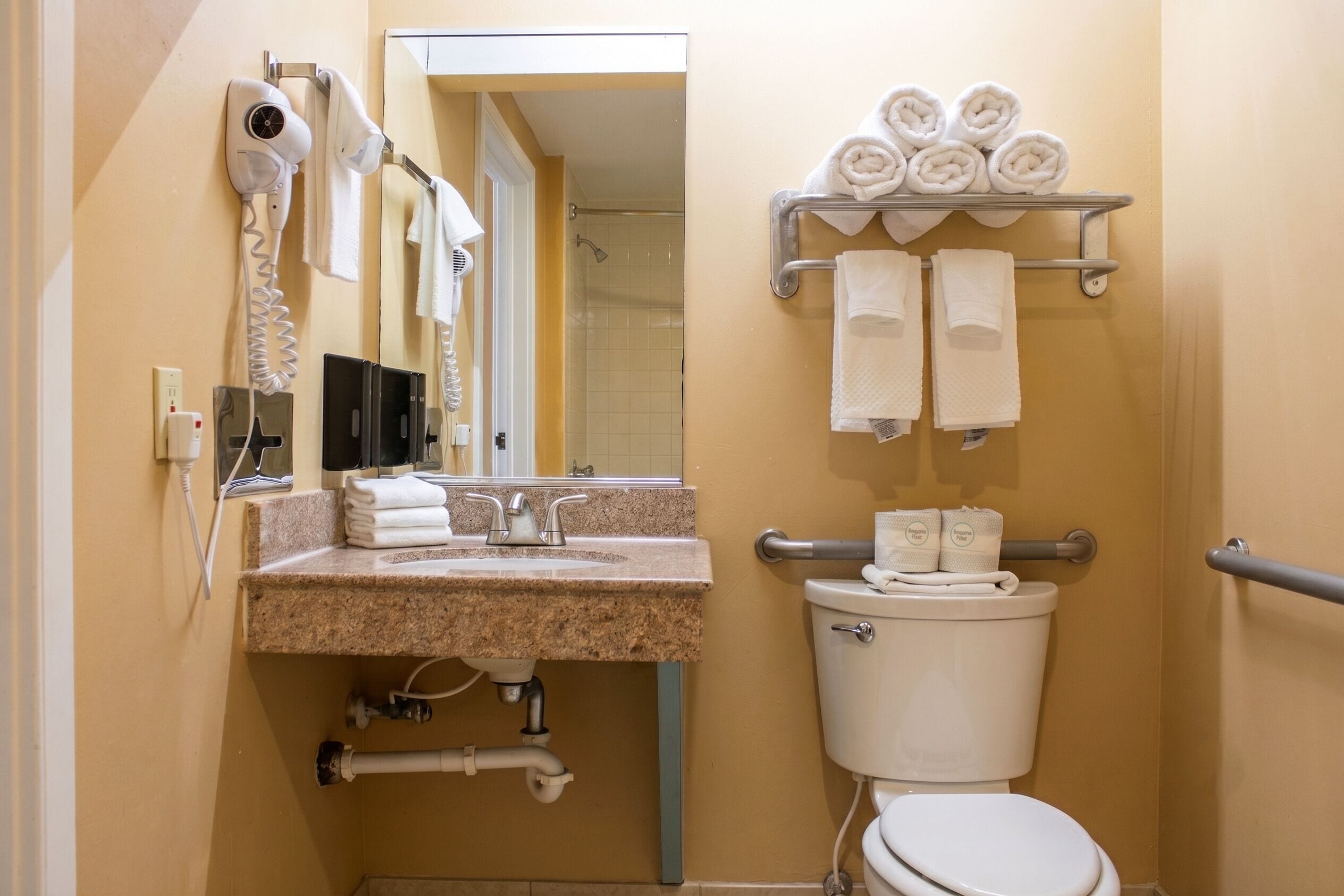 A bathroom with a toilet, sink, towel rack, and hairdryer.